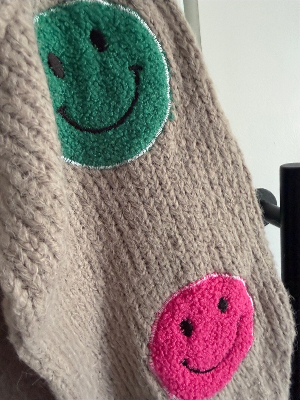 DAVI & DANI Taupe Open-Front Cardigan with Pink, Green & Yellow Smiley Patches - Picture 3 of 7